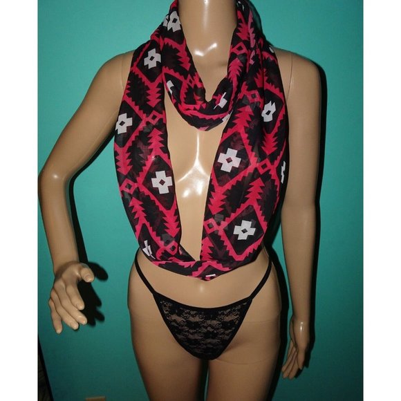 Vintage Black & Pink Southwest Motif Infinity Scarf semi sheer head wrap - Picture 2 of 14